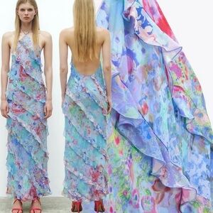 ✨ SOLD ✨ Zara multicolor floral ruffle high neck halter maxi dress